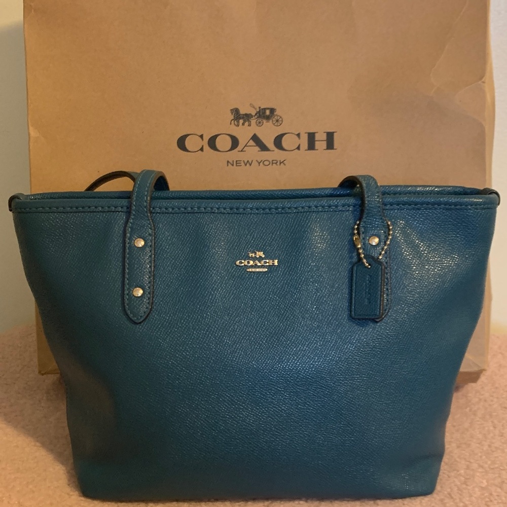 Small Coach Dark Teal Tote Bag with Gold Hardware